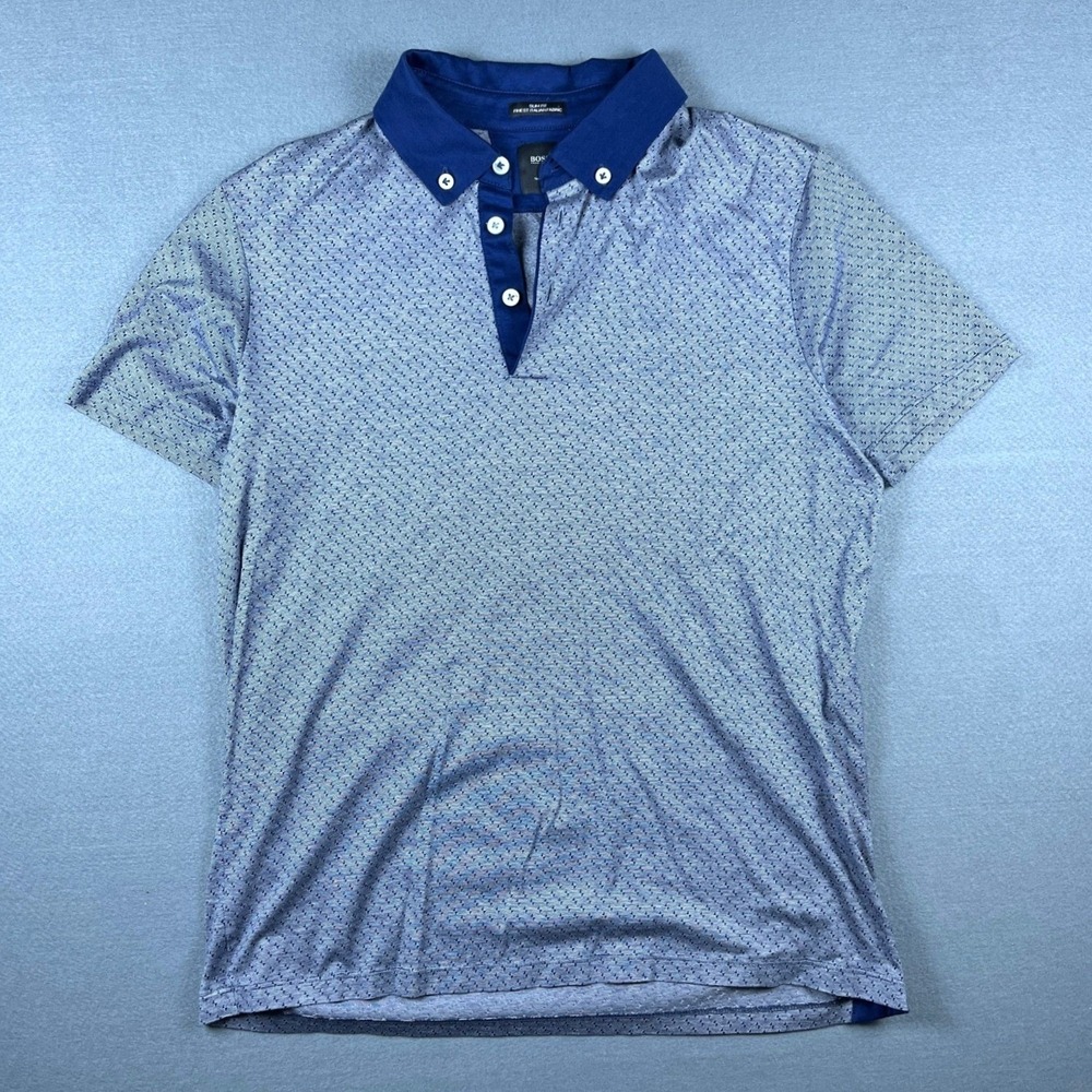 Hugo Boss Tailored Slim Fit Polo Shirt Blue Geometric Italian Fabric Mens S